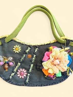 Mary Frances Multicolor Floral Denim Shoulder Bag with Green Handles